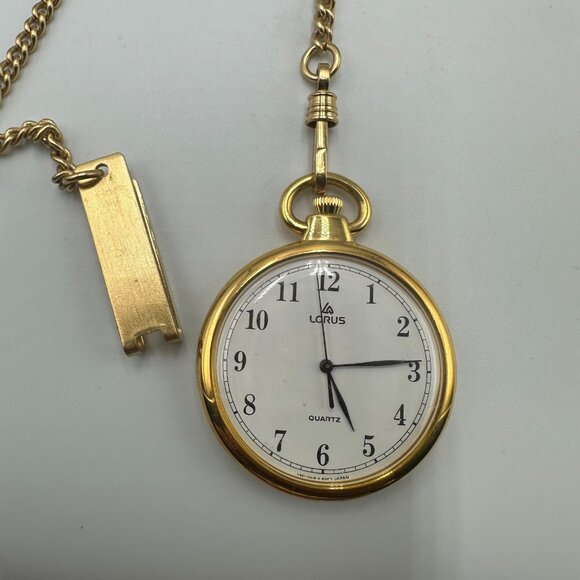 Vintage Lorus Pocket Watch Men Gold Tone With Chain 36MM Open Face New Battery - Picture 1 of 9